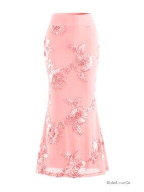 Floral Embroidered Mesh Maxi Skirt High Waist Cocktail Wedding